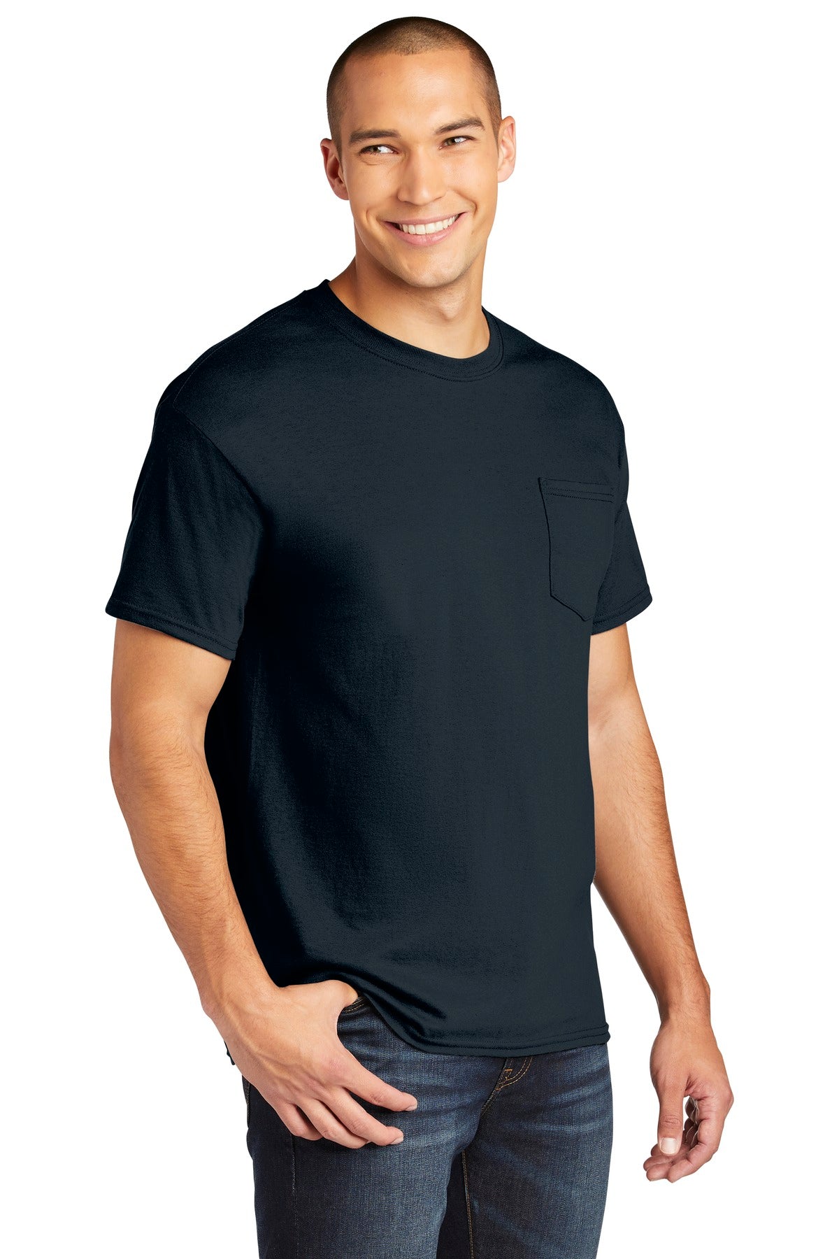 Navy Gildan Heavy Cotton 100% Cotton Pocket T-Shirt. 5300