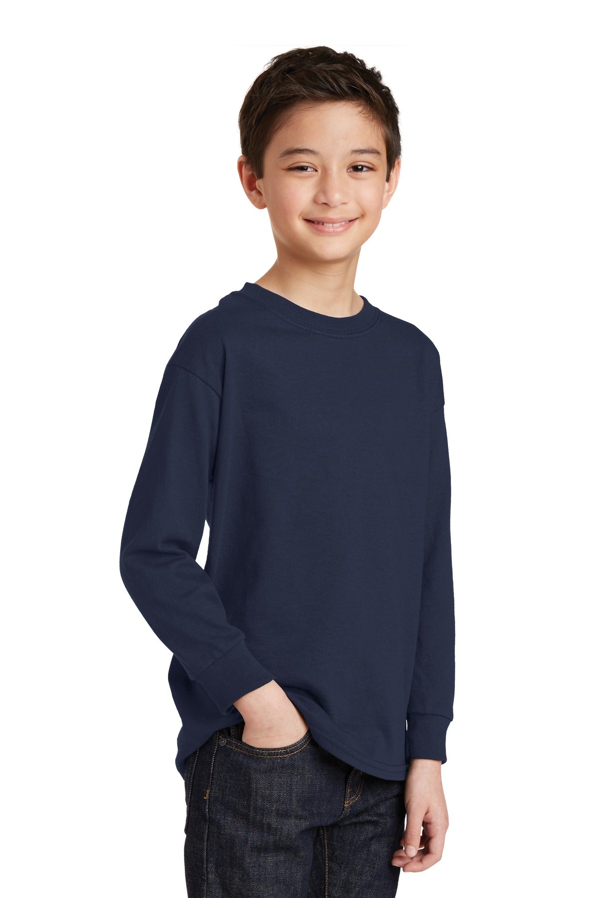 Navy Gildan Youth Heavy Cotton 100% Cotton Long Sleeve T-Shirt. 5400B