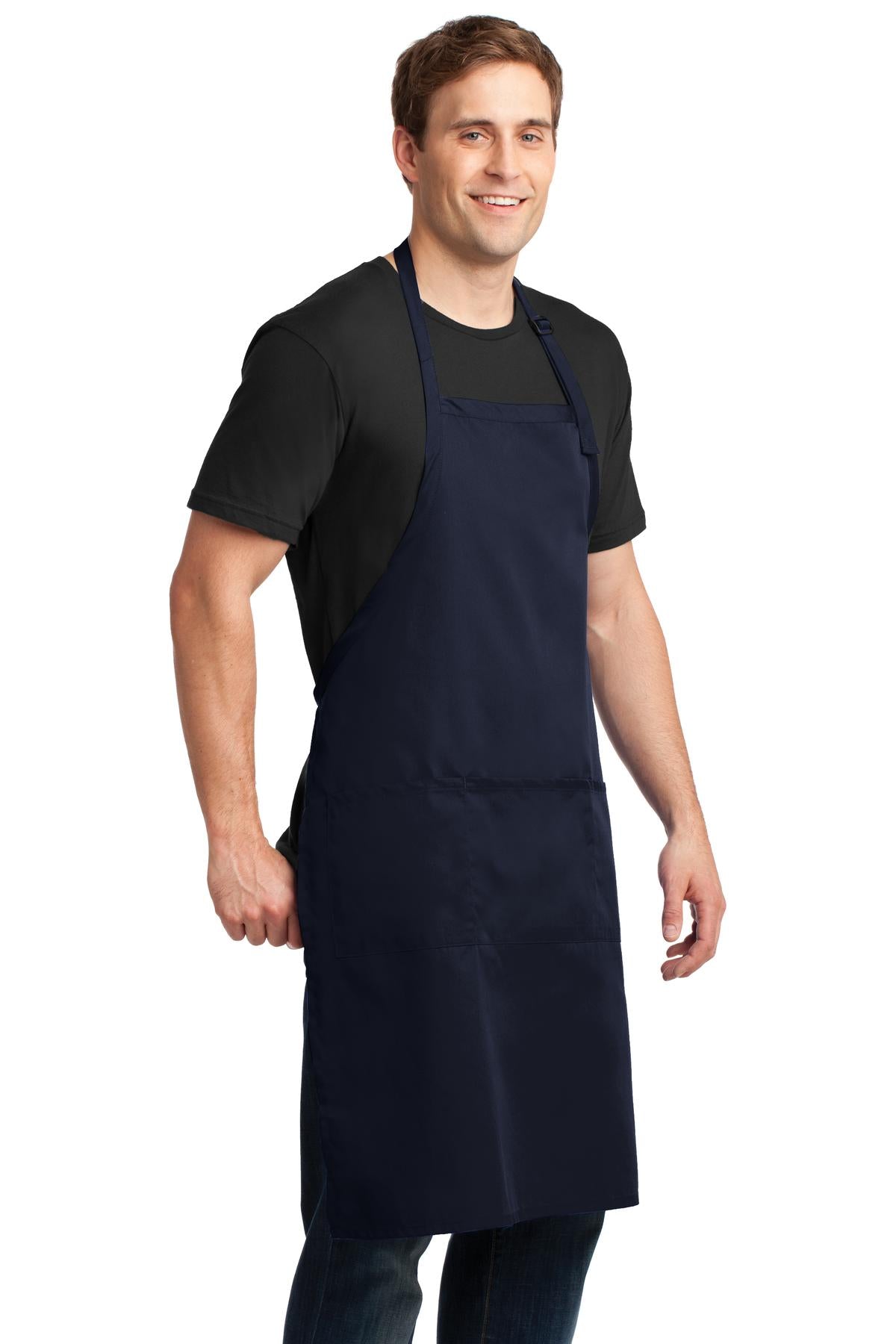 Navy Port Authority Easy Care Extra Long Bib Apron with Stain Release. A700