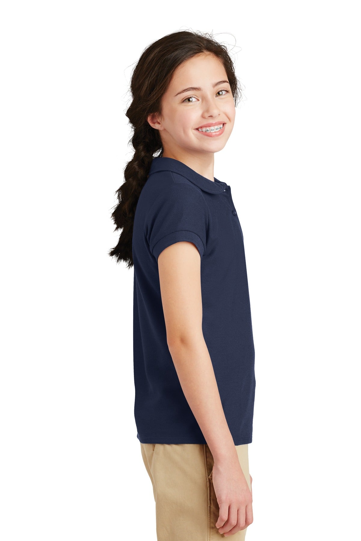 Navy Port Authority Girls Silk Touch Peter Pan Collar Polo. YG503