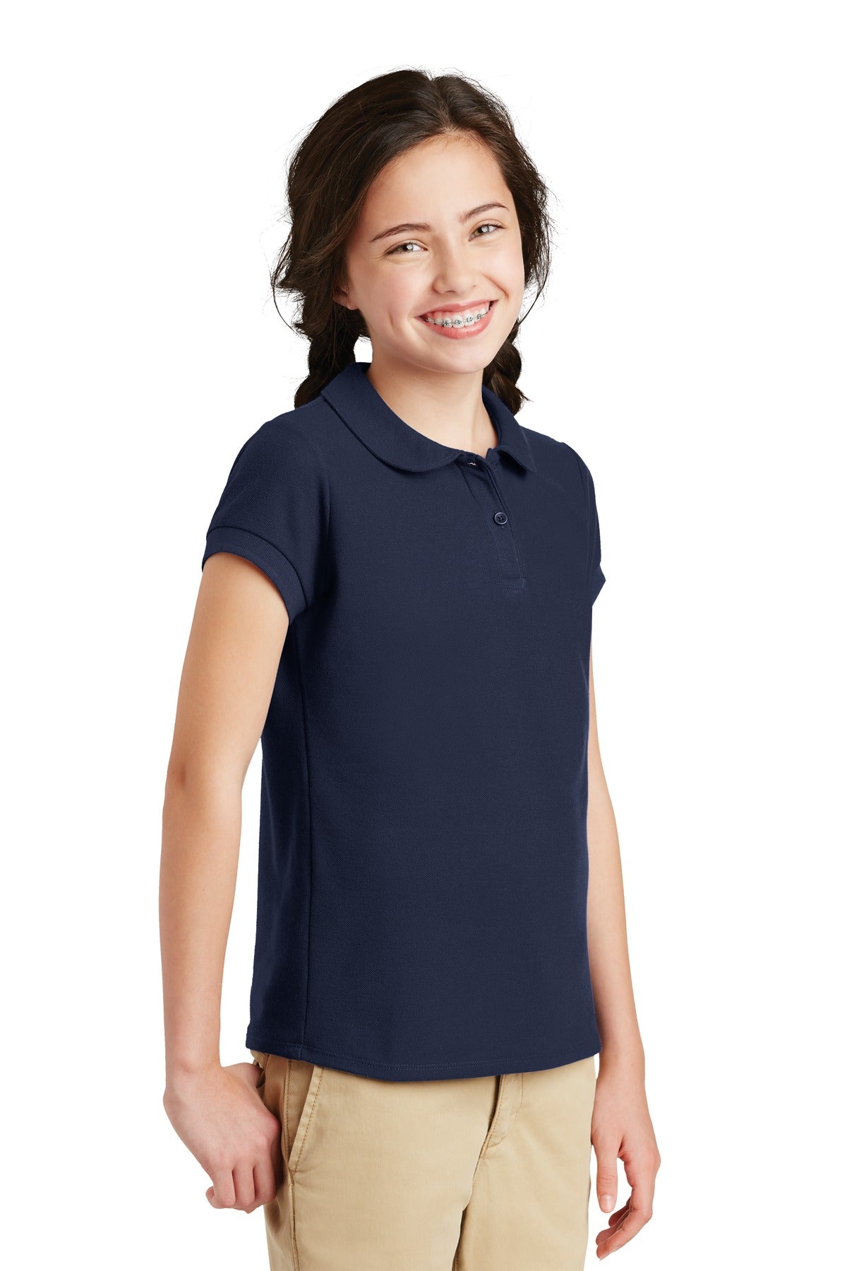 Navy Port Authority Girls Silk Touch Peter Pan Collar Polo. YG503