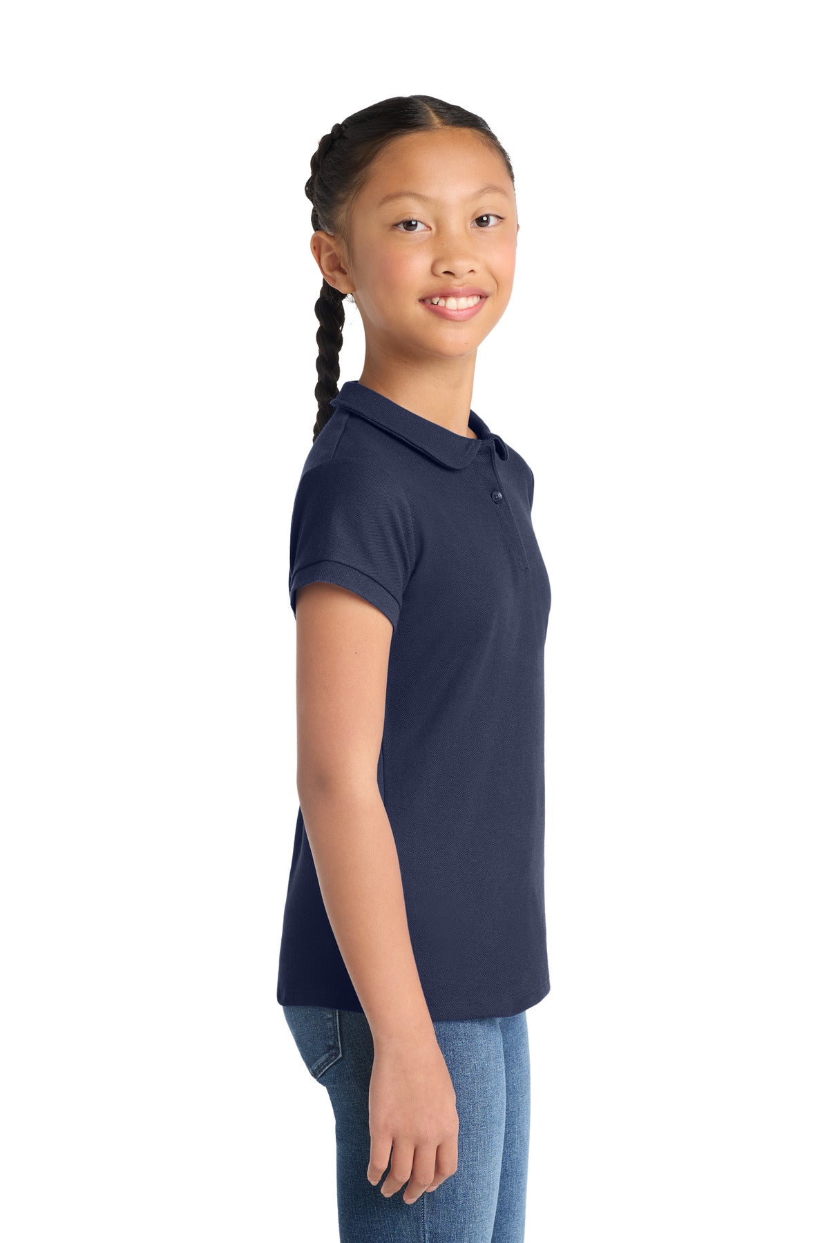 Navy Port Authority Girls Silk Touch Peter Pan Collar Polo. YG503
