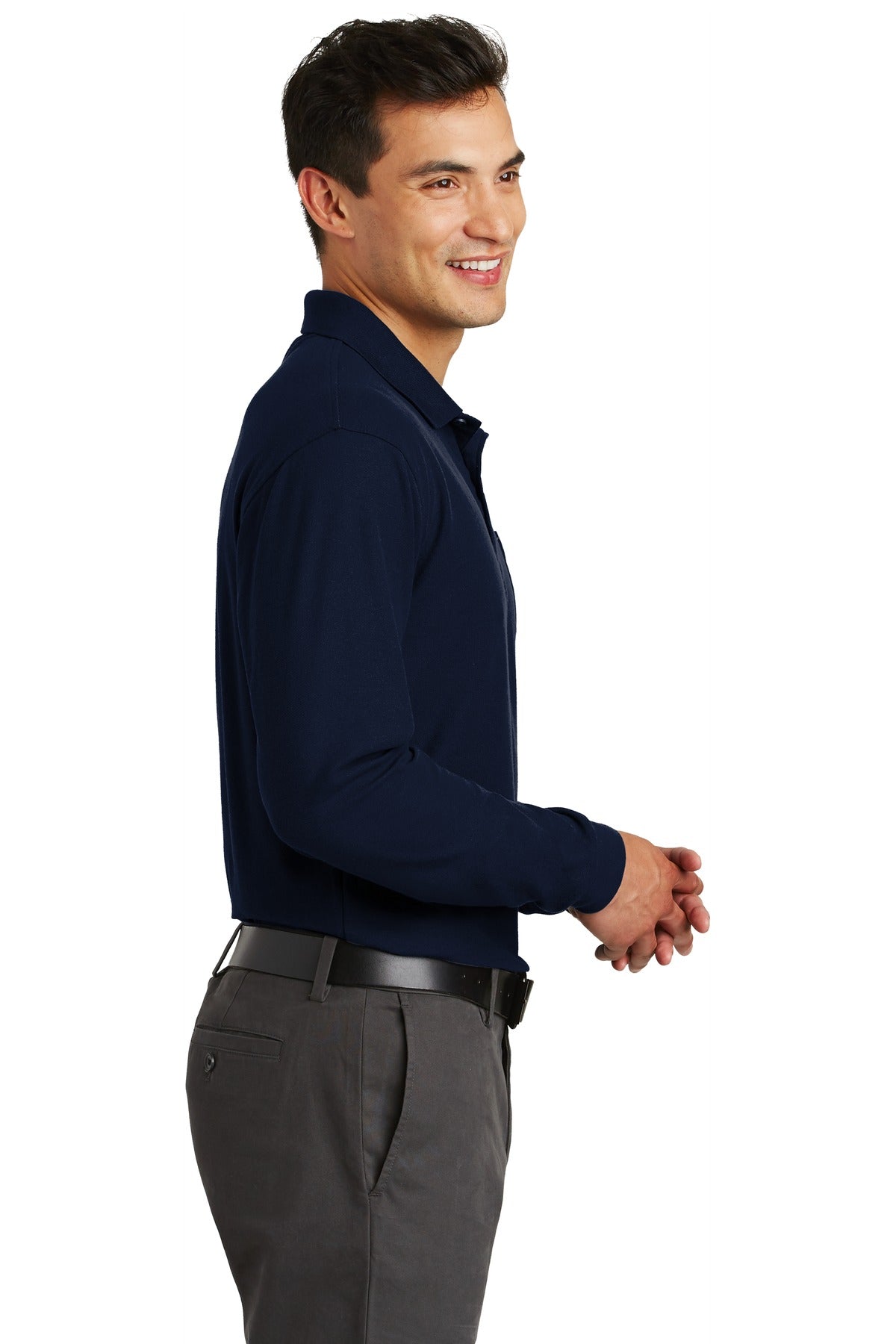 Navy Port Authority Long Sleeve Silk Touch Polo with Pocket. K500LSP