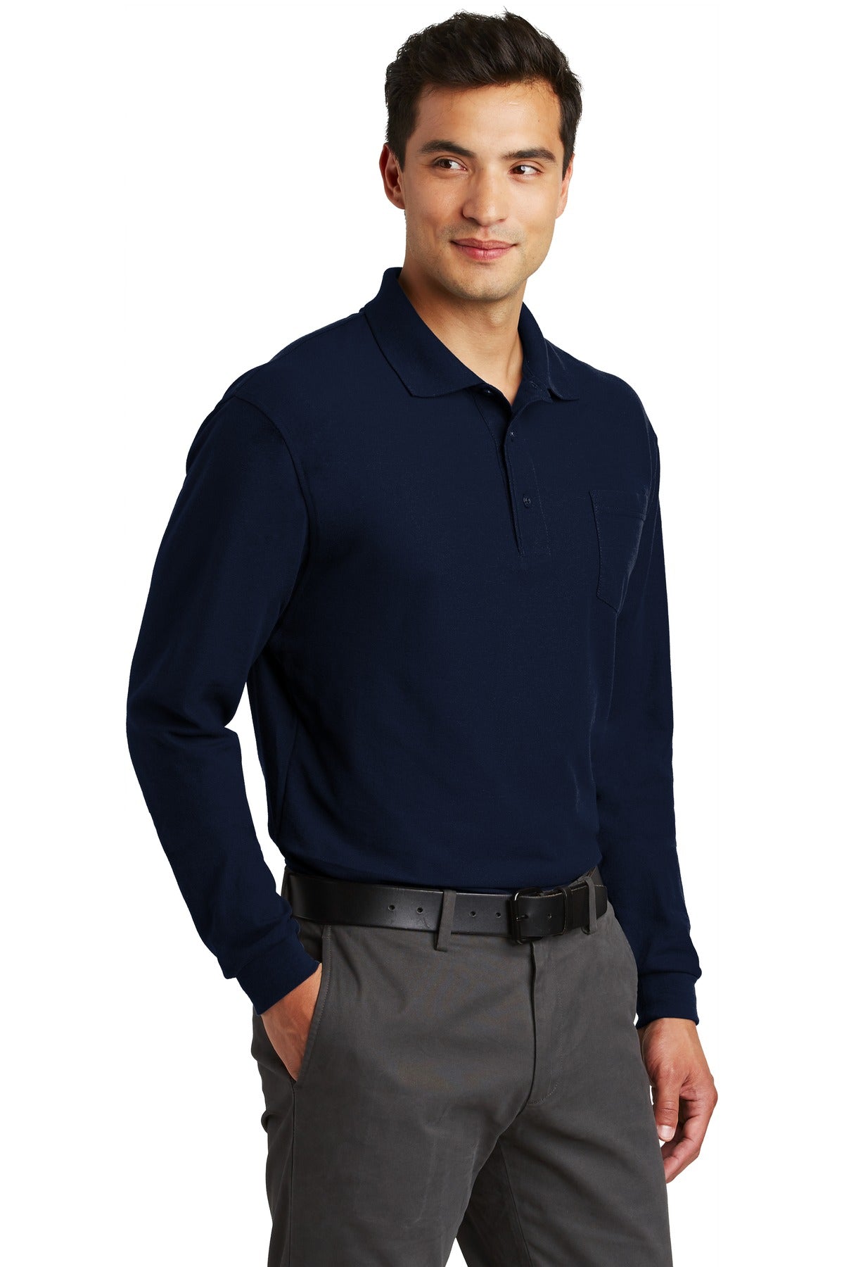Navy Port Authority Long Sleeve Silk Touch Polo with Pocket. K500LSP