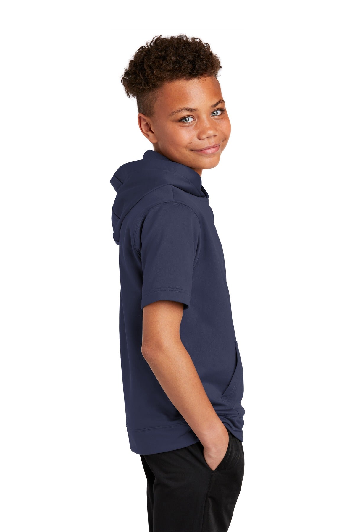 Navy Sport-Tek Youth Sport-Wick Fleece Short Sleeve Hooded Pullover. YST251