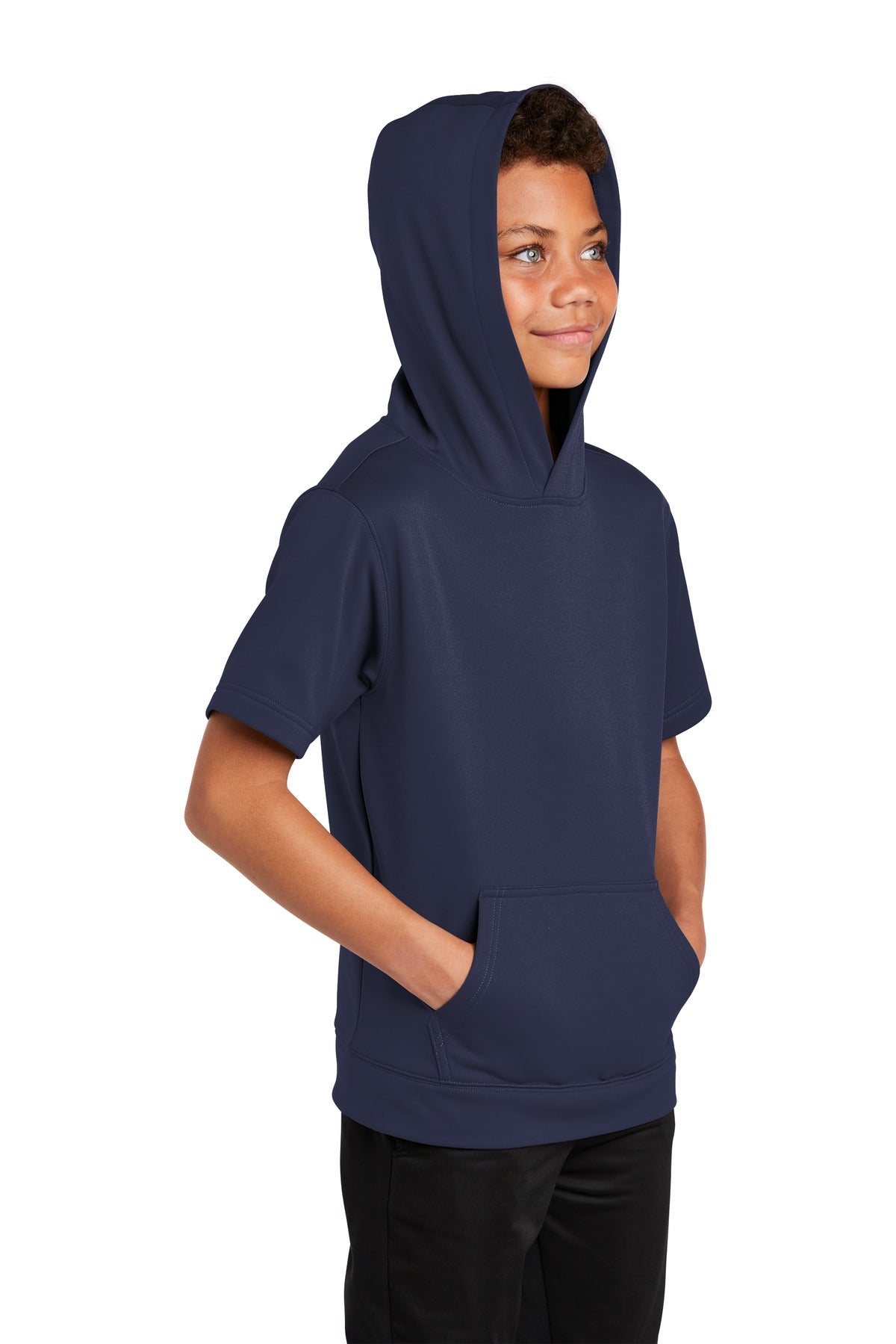 Navy Sport-Tek Youth Sport-Wick Fleece Short Sleeve Hooded Pullover. YST251