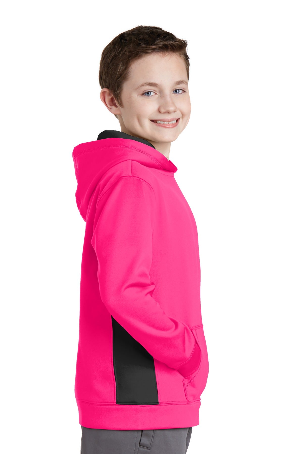 Neon Pink/Blk Sport-Tek Youth Sport-Wick Fleece Colorblock Hooded Pullover. YST235