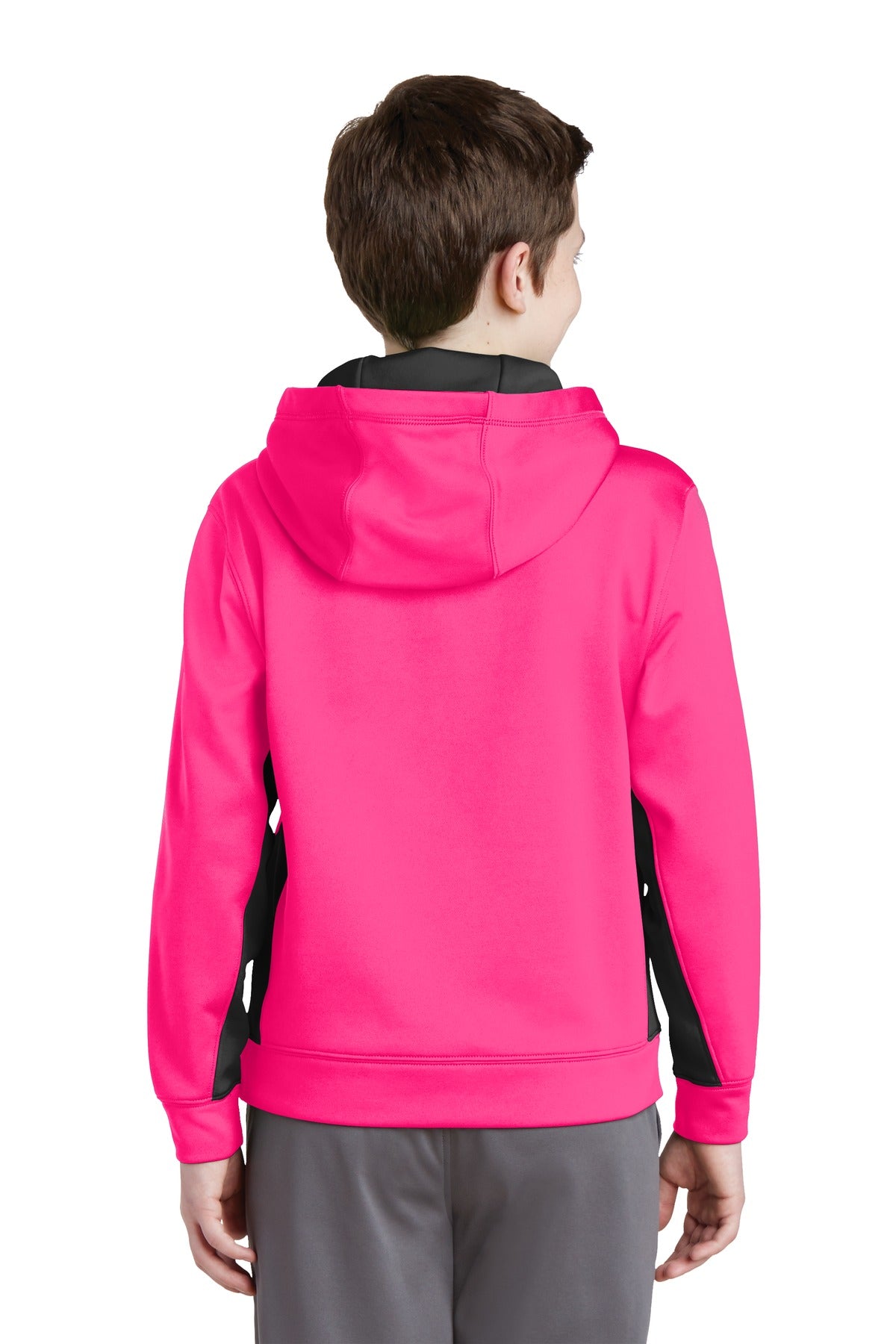 Neon Pink/Blk Sport-Tek Youth Sport-Wick Fleece Colorblock Hooded Pullover. YST235