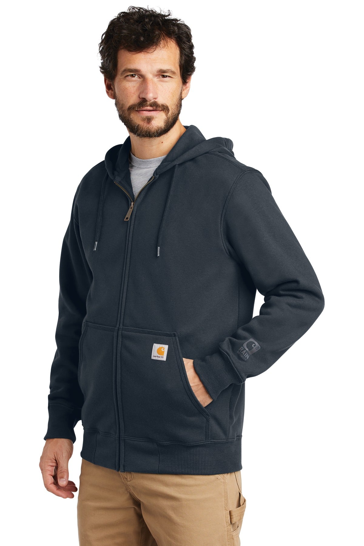 New Navy Carhartt Rain Defender Paxton Heavyweight Hooded Zip-Front Sweatshirt. CT100614