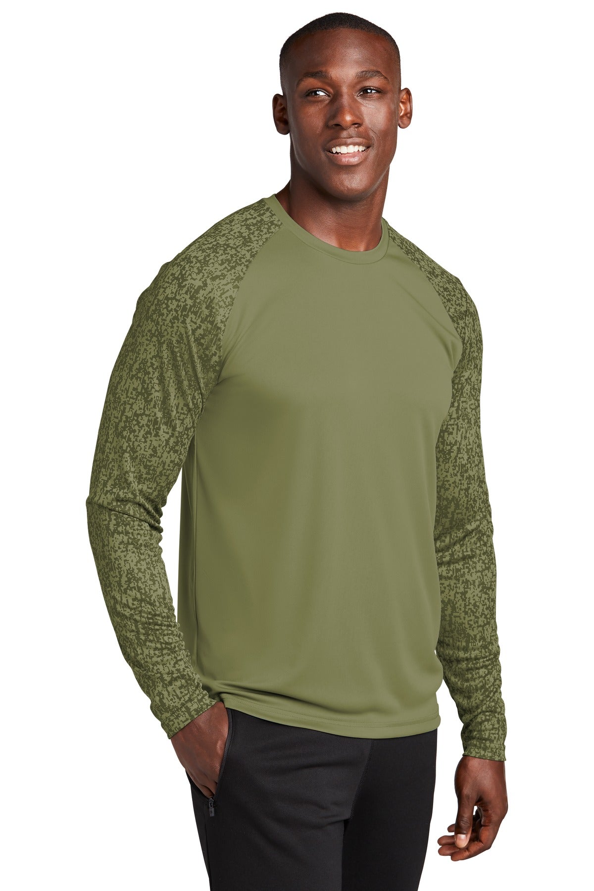Olive Drab Grn Sport-Tek Long Sleeve Digi Camo Tee. ST460LS