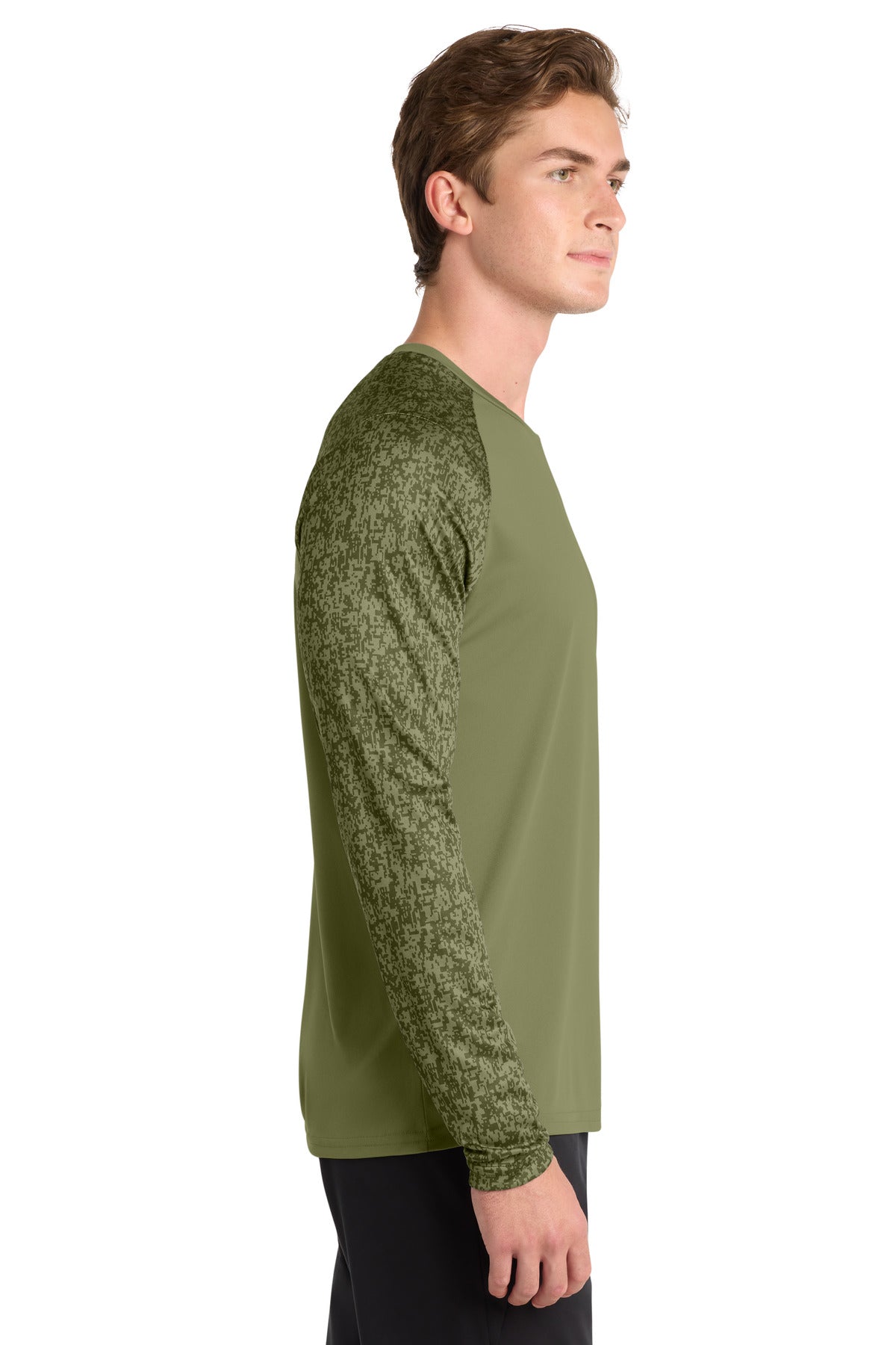 Olive Drab Grn Sport-Tek Long Sleeve Digi Camo Tee. ST460LS