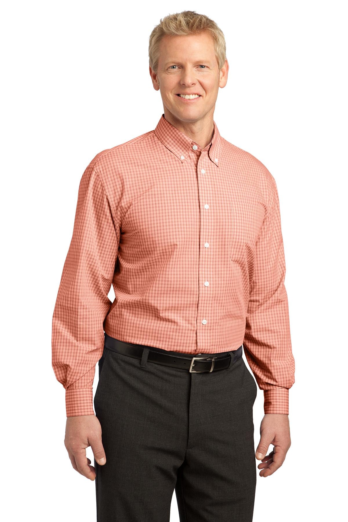Orange Port Authority Plaid Pattern Easy Care Shirt. S639