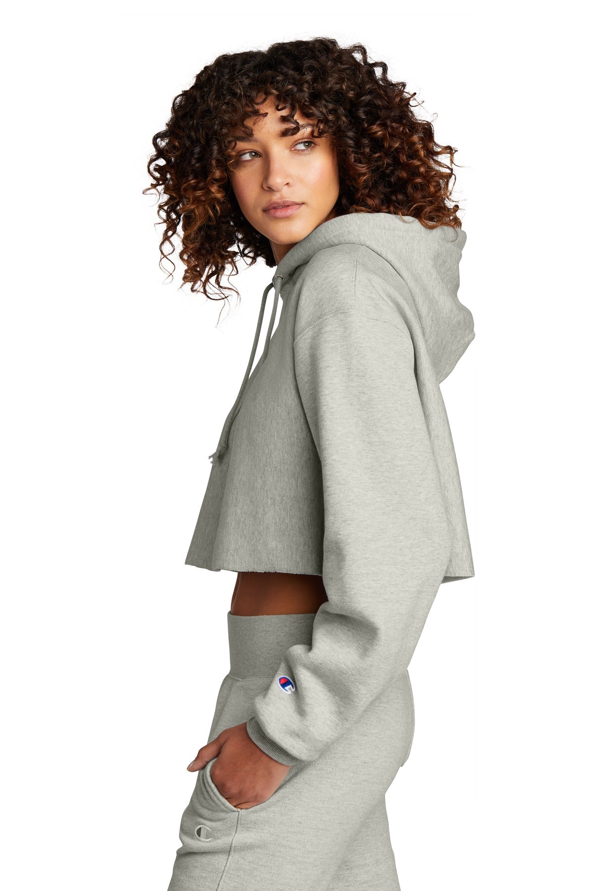 OxfordGrey Champion Women's Reverse Weave Cropped Cut-Off Hooded Sweatshirt RW01W
