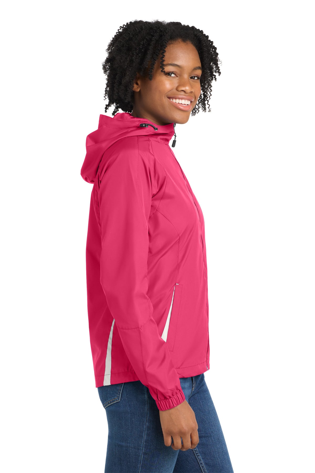 Pink Rasp/Wht Sport-Tek Women's Colorblock Hooded Raglan Jacket. LST76