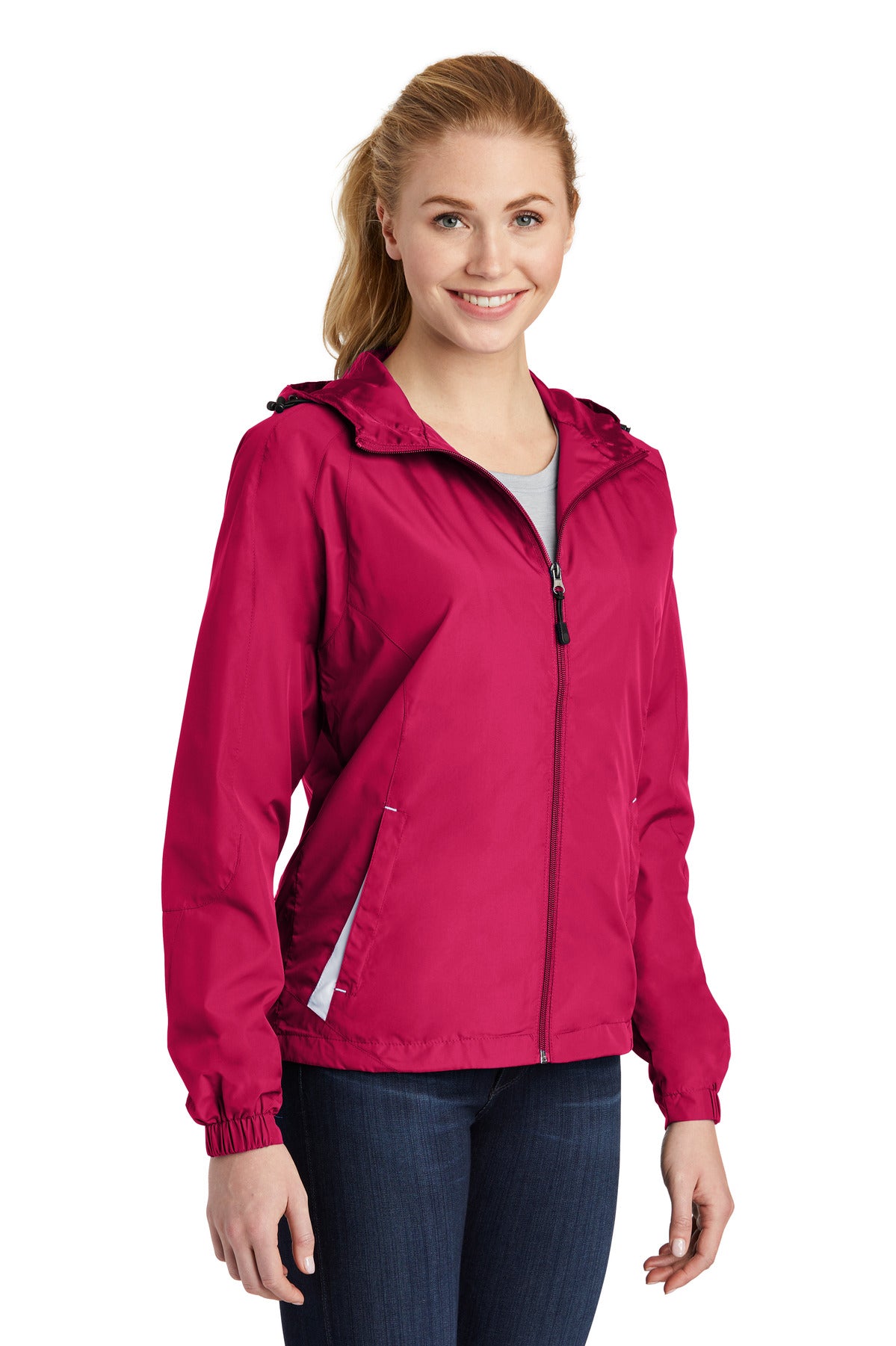 Pink Rasp/Wht Sport-Tek Women's Colorblock Hooded Raglan Jacket. LST76