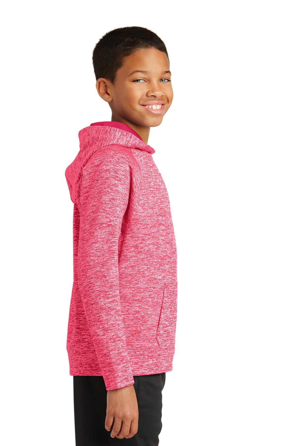 Power Pink Ele Sport-Tek Youth PosiCharge Electric Heather Fleece Hooded Pullover. YST225