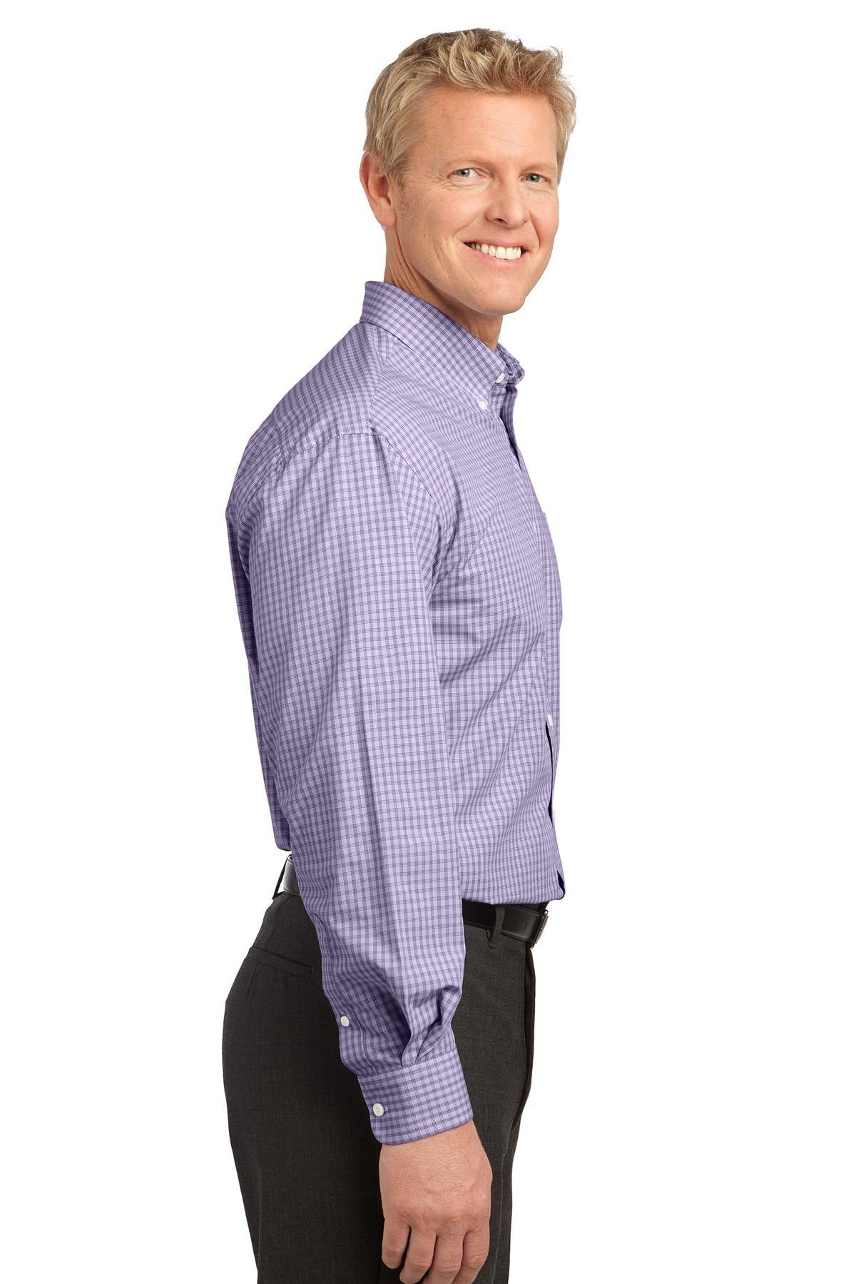 Purple Port Authority Plaid Pattern Easy Care Shirt. S639