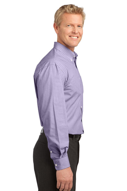 Purple Port Authority Plaid Pattern Easy Care Shirt. S639