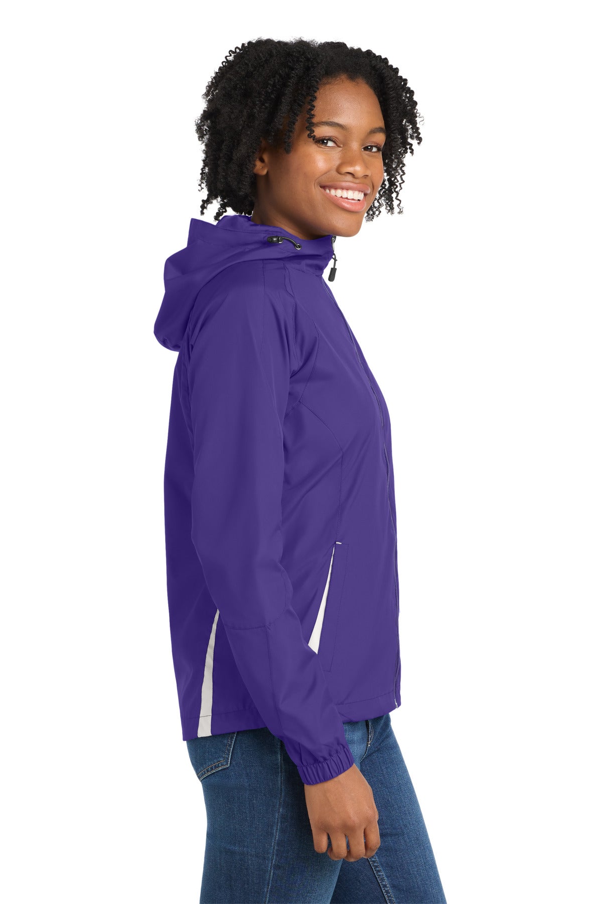 Purple/White Sport-Tek Women's Colorblock Hooded Raglan Jacket. LST76