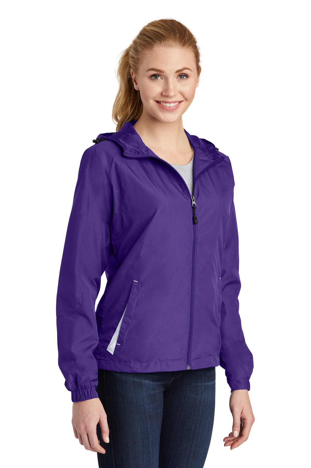 Purple/White Sport-Tek Women's Colorblock Hooded Raglan Jacket. LST76