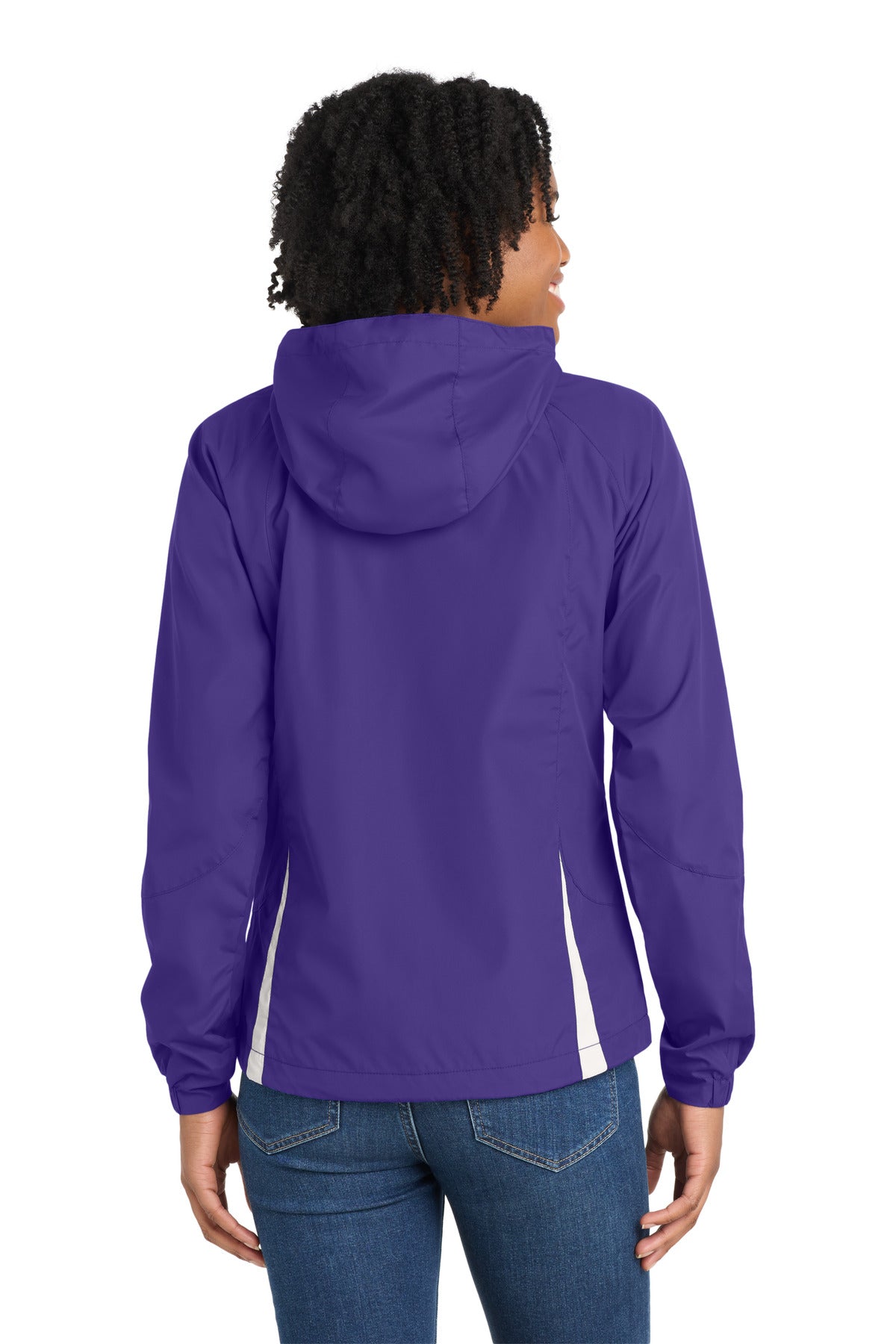 Purple/White Sport-Tek Women's Colorblock Hooded Raglan Jacket. LST76