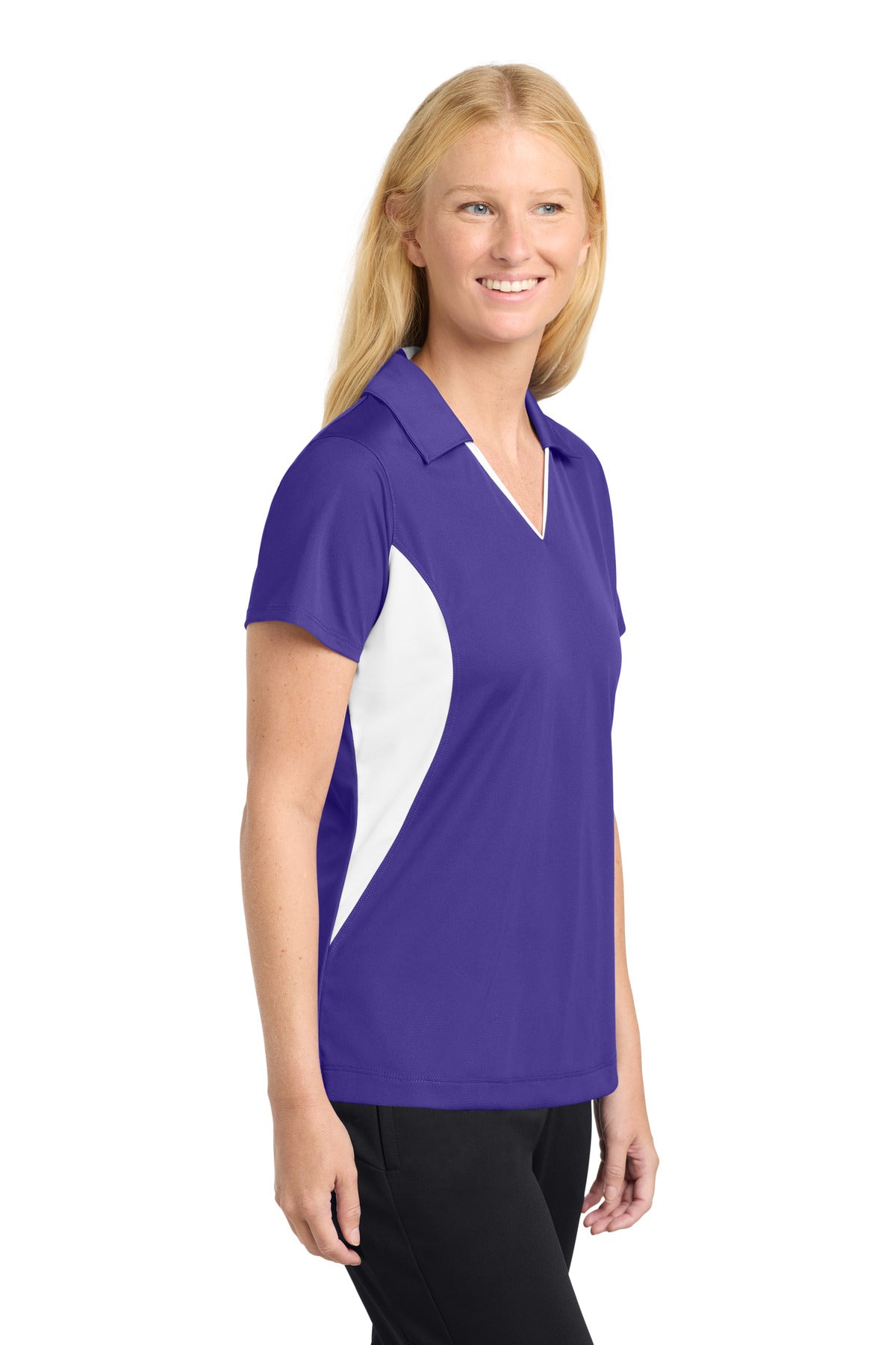 Purple/White Sport-Tek Women's Side Blocked Micropique Sport-Wick Polo. LST655