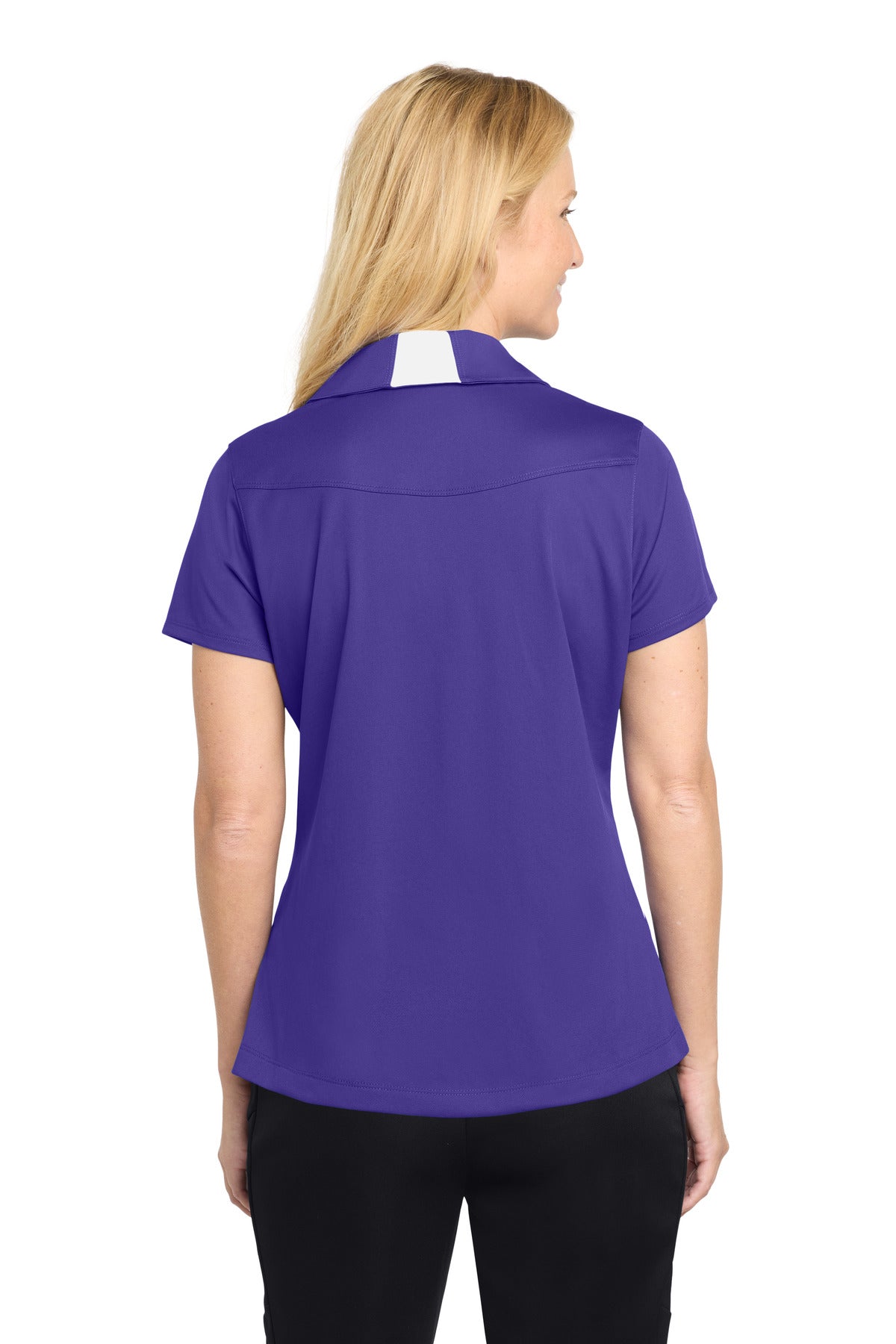 Purple/White Sport-Tek Women's Side Blocked Micropique Sport-Wick Polo. LST655