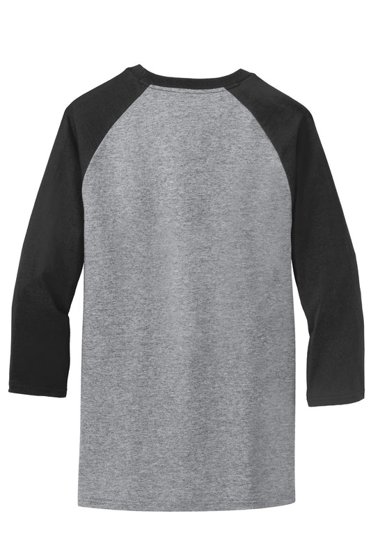 Rear View of AH/Jet Black Port & Company Core Blend 3/4-Sleeve Raglan Tee. PC55RS