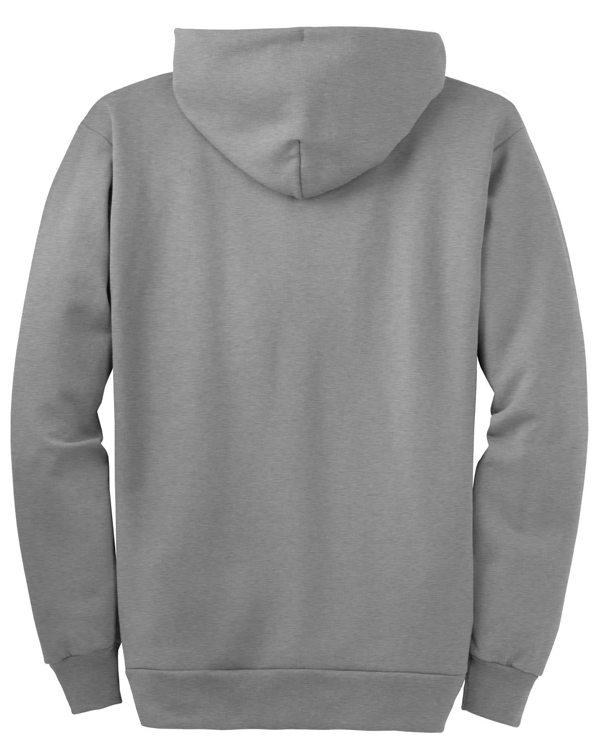 Rear View of Ath Heather Port & Company Essential Fleece Full-Zip Hooded Sweatshirt. PC90ZH