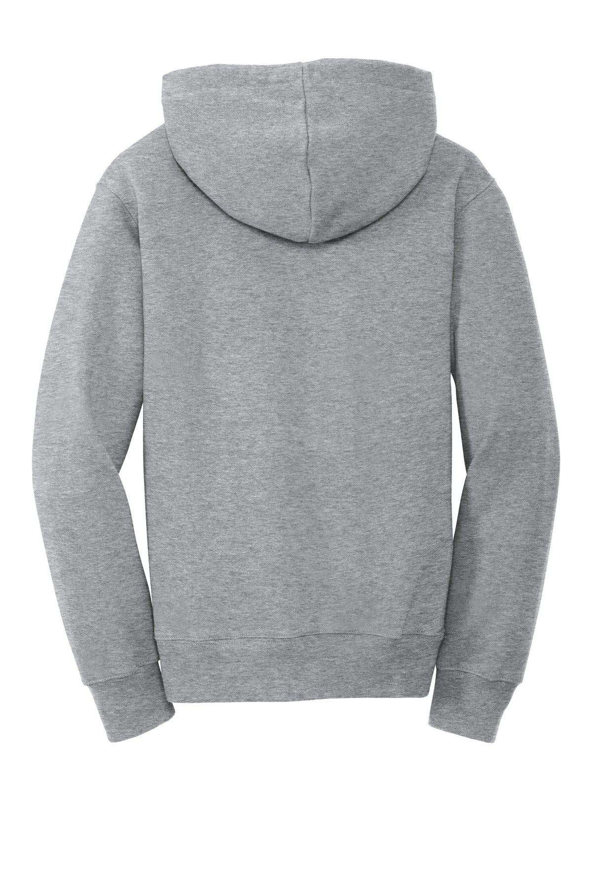 Rear View of Athletic Hthr Port & Company Youth Fan Favorite Fleece Pullover Hooded Sweatshirt. PC850YH