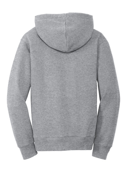 Rear View of Athletic Hthr Port & Company Youth Fan Favorite Fleece Pullover Hooded Sweatshirt. PC850YH