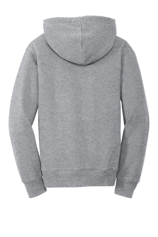 Rear View of Athletic Hthr Port & Company Youth Fan Favorite Fleece Pullover Hooded Sweatshirt. PC850YH