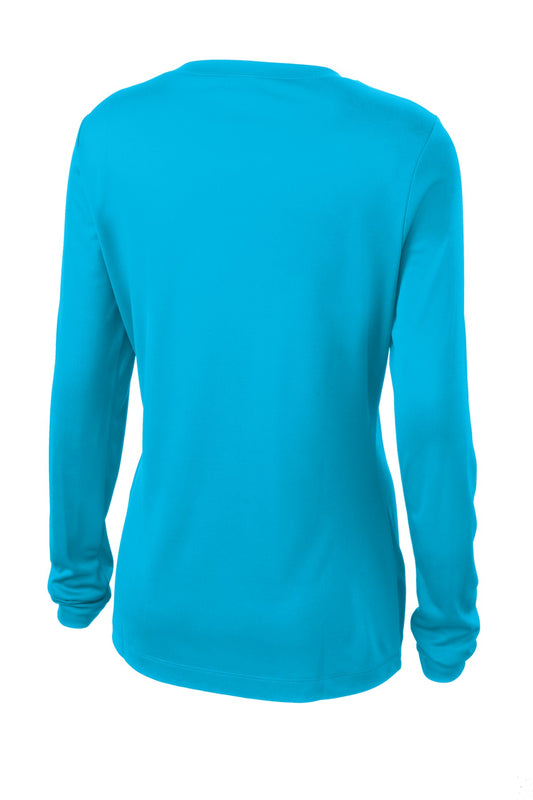 Rear View of Atomic Blue Sport-Tek Women's Long Sleeve PosiCharge Competitor V-Neck Tee. LST353LS