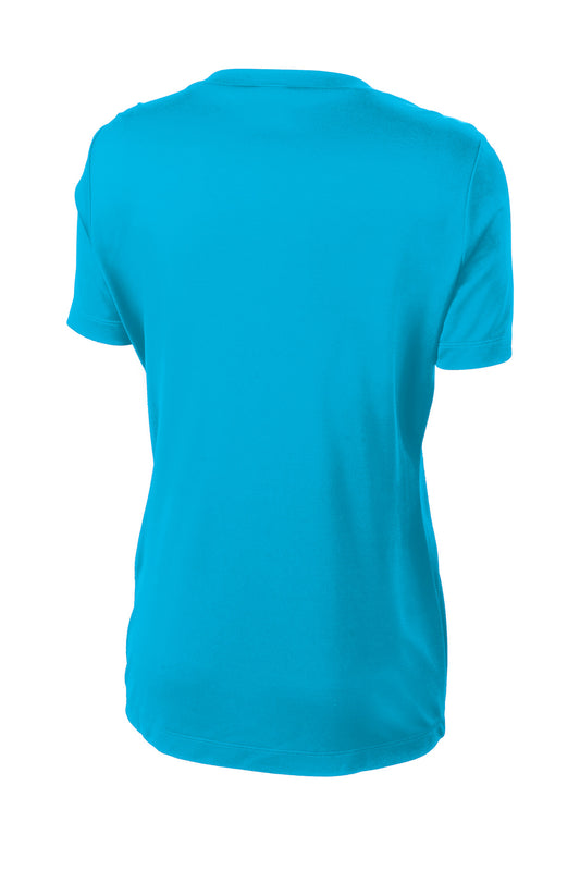 Rear View of Atomic Blue Sport-Tek Women's PosiCharge Competitor Tee. LST350