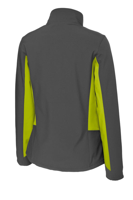 Rear View of Bat Gry/Ch Grn Port Authority Women's Core Colorblock Soft Shell Jacket. L318