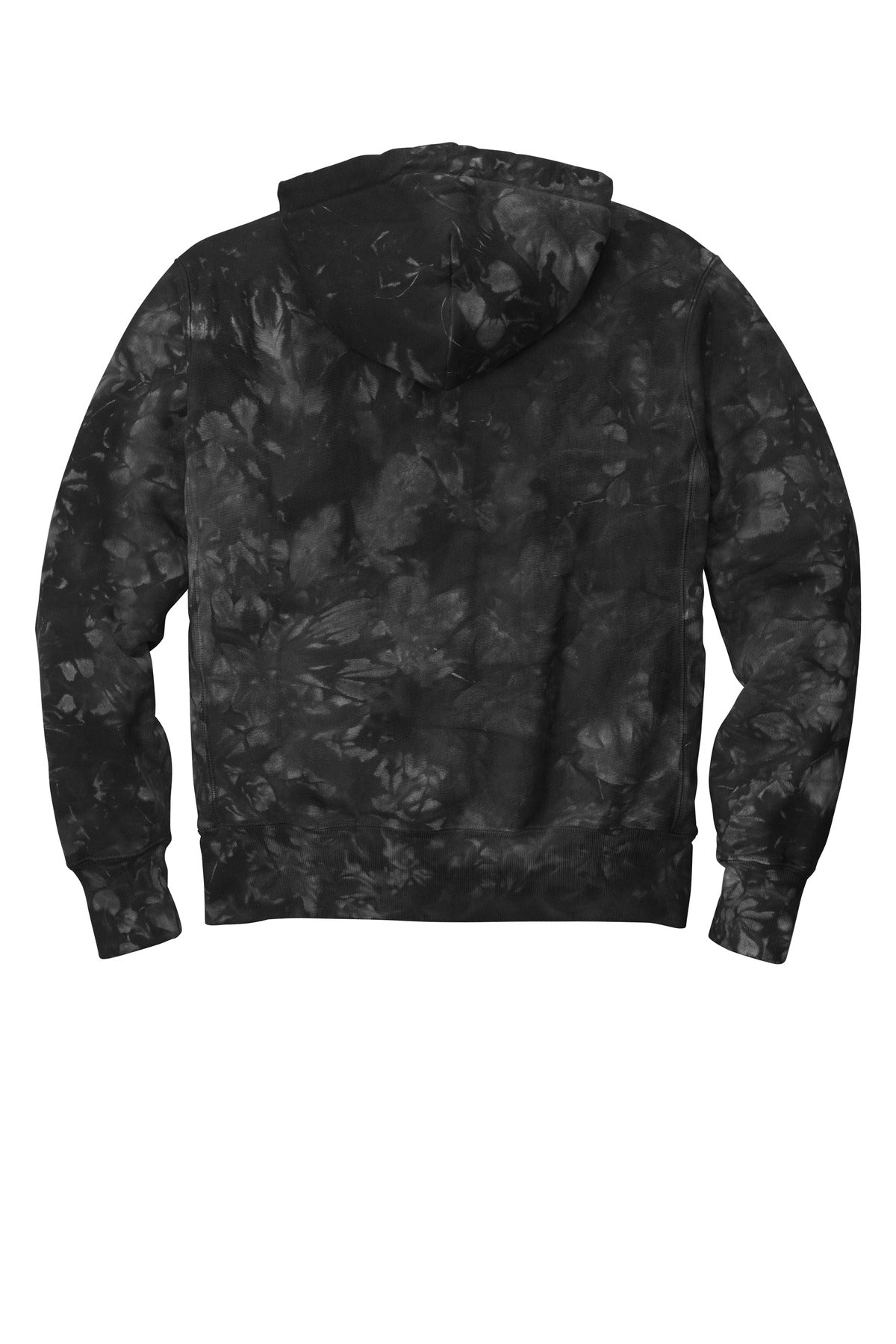 Rear View of Black Champion Reverse Weave Scrunch-Dye Tie-Dye Hooded Sweatshirt. TDS101
