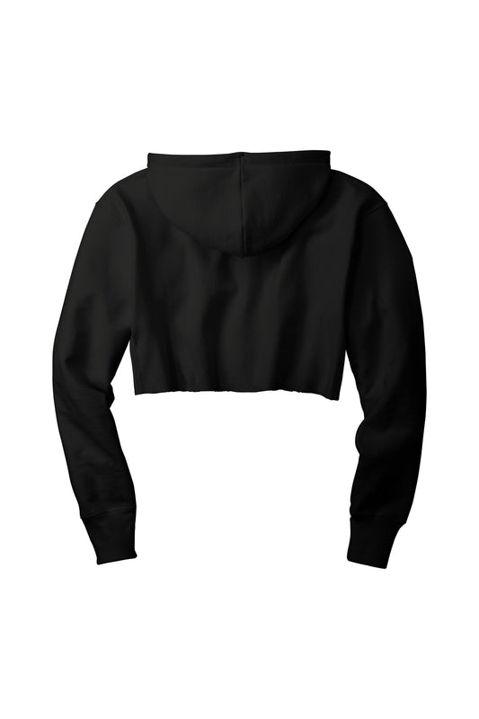 Rear View of Black Champion Women's Reverse Weave Cropped Cut-Off Hooded Sweatshirt RW01W