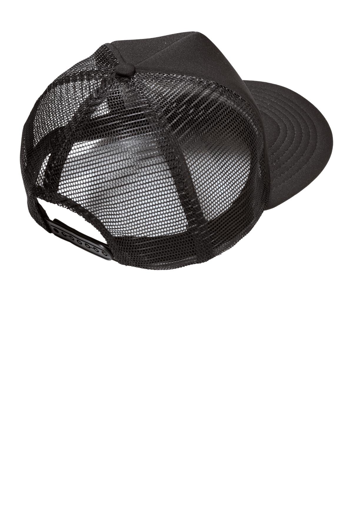 Rear View of Black District Flat Bill Snapback Trucker Cap. DT624