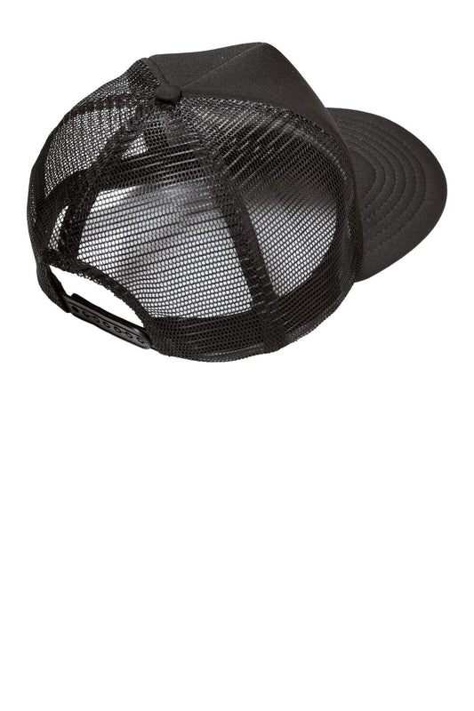 Rear View of Black District Flat Bill Snapback Trucker Cap. DT624