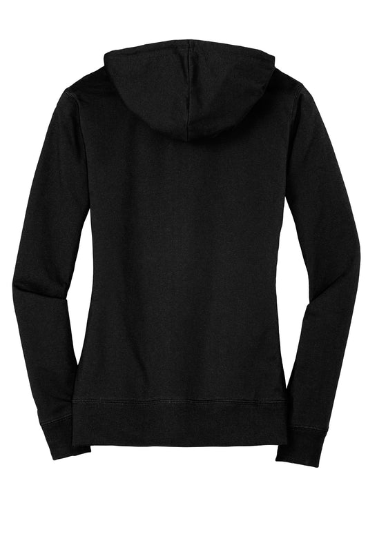 Rear View of Black District Women's Fitted Jersey Full-Zip Hoodie. DT2100