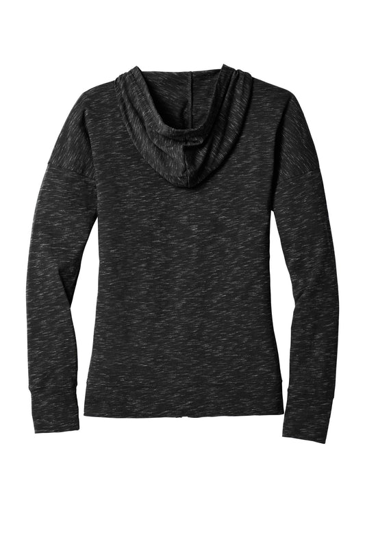 Rear View of Black District Women's Medal Full-Zip Hoodie. DT665