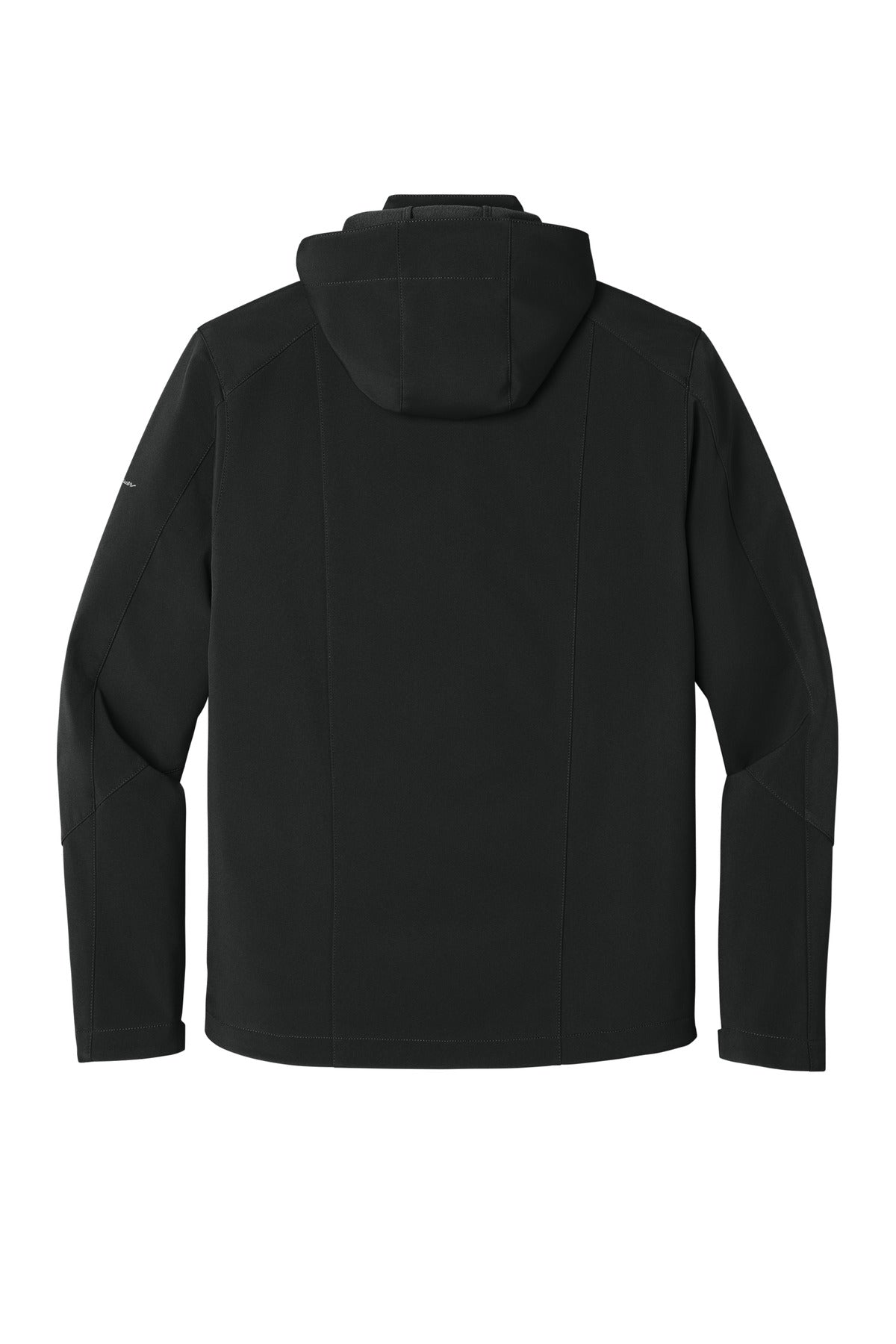 Rear View of Black Eddie Bauer Hooded Soft Shell Parka. EB536
