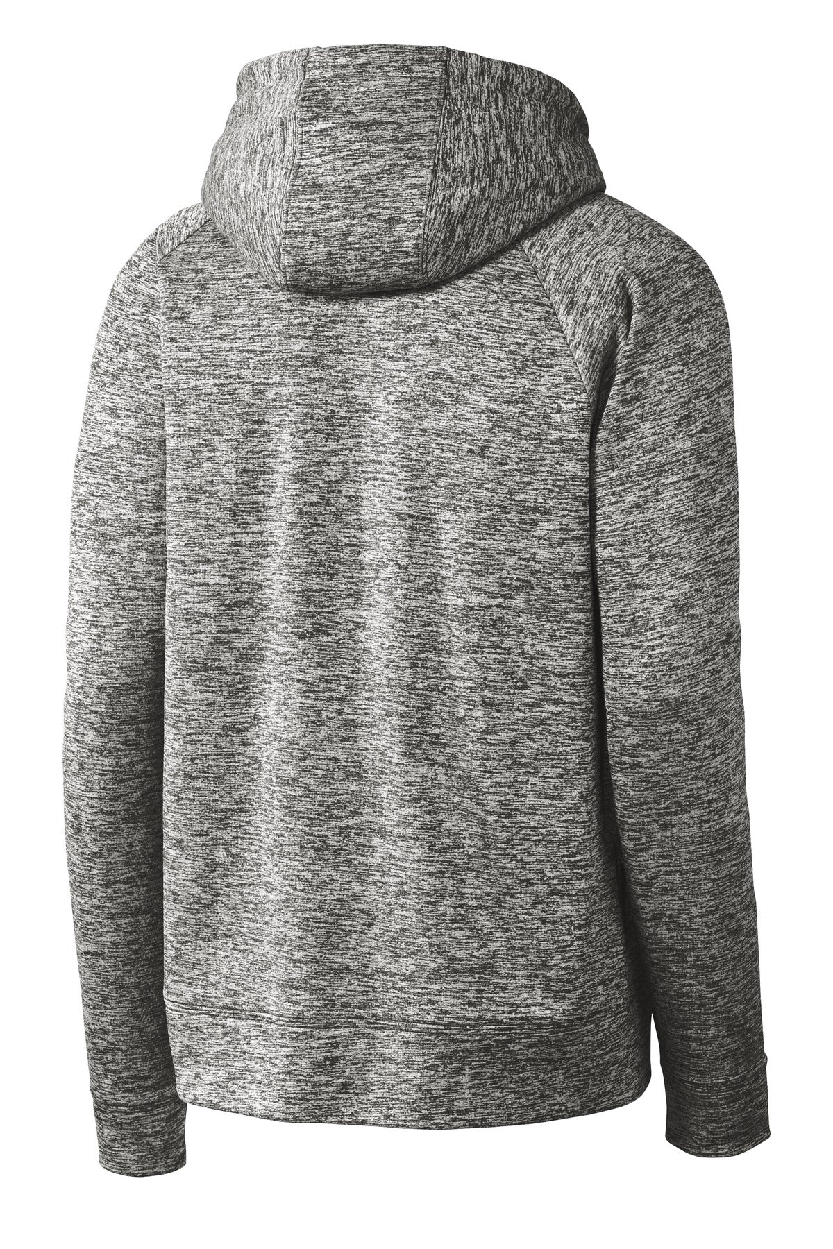 Rear View of Black Electric Sport-Tek PosiCharge Electric Heather Fleece Hooded Pullover. ST225