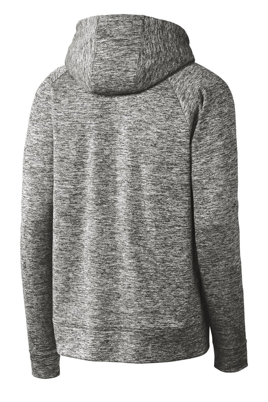 Rear View of Black Electric Sport-Tek PosiCharge Electric Heather Fleece Hooded Pullover. ST225