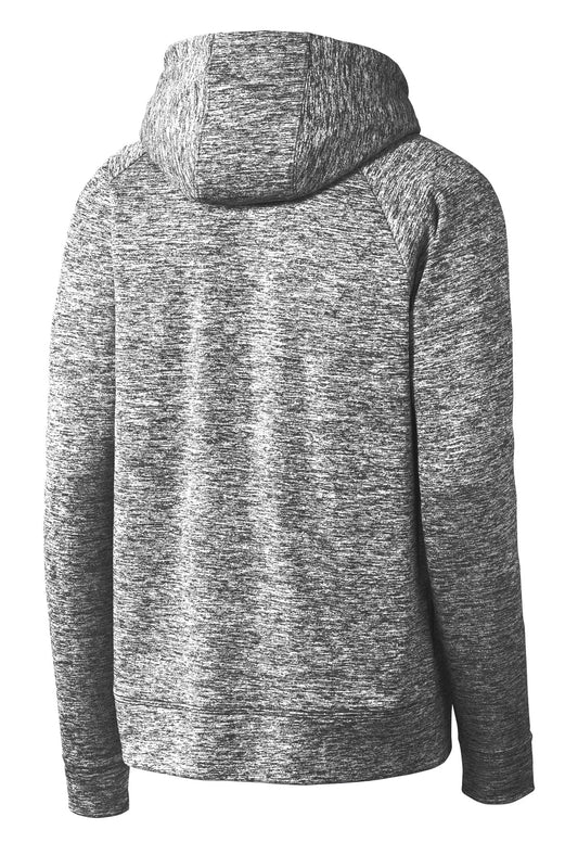 Rear View of Black Electric Sport-Tek Youth PosiCharge Electric Heather Fleece Hooded Pullover. YST225
