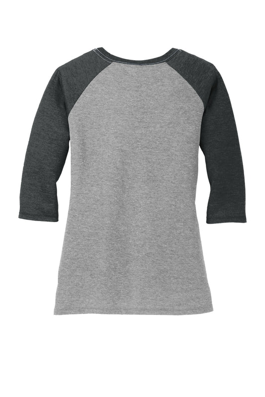 Rear View of Black Fr/Gy Fr District Women's Perfect Tri 3/4-Sleeve Raglan. DM136L