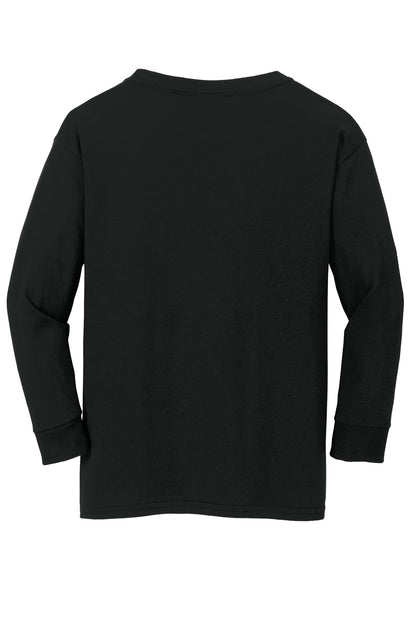Rear View of Black Gildan Youth Heavy Cotton 100% Cotton Long Sleeve T-Shirt. 5400B