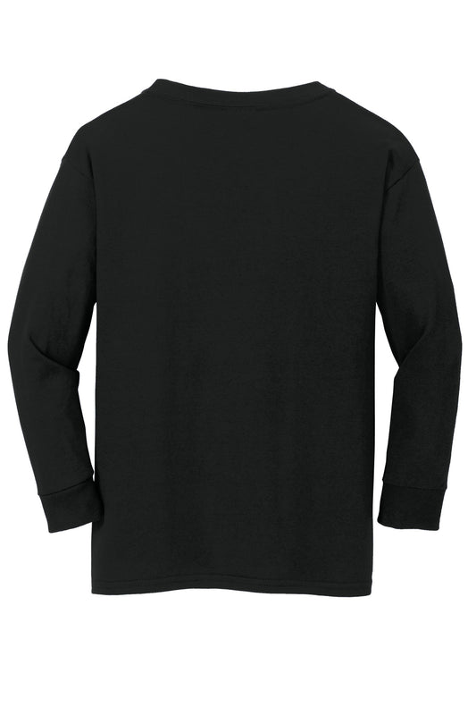 Rear View of Black Gildan Youth Heavy Cotton 100% Cotton Long Sleeve T-Shirt. 5400B