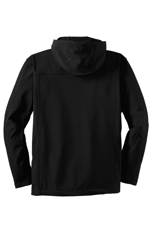 Rear View of Black Port Authority Textured Hooded Soft Shell Jacket. J706