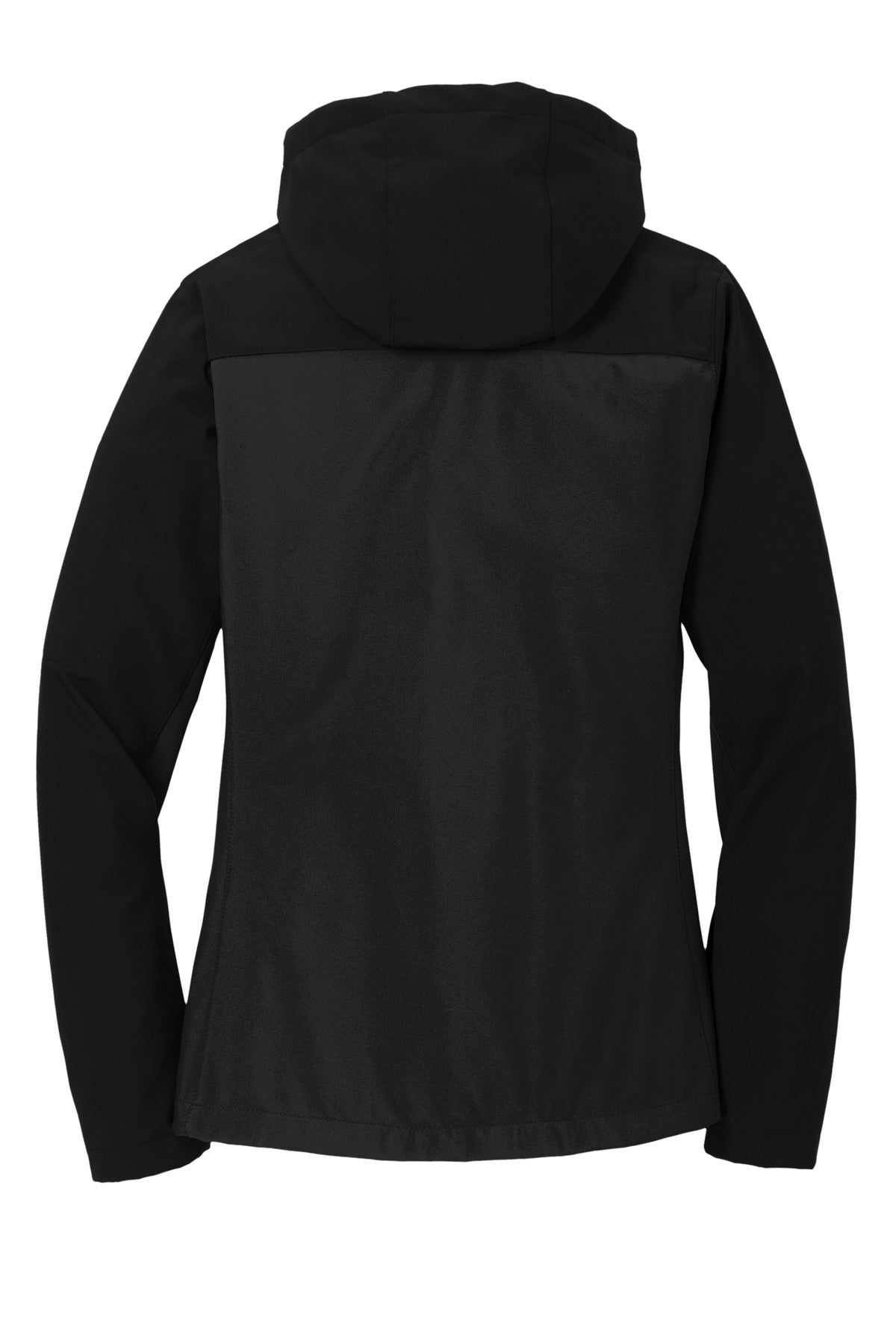 Rear View of Black Port Authority Women's Hooded Core Soft Shell Jacket. L335